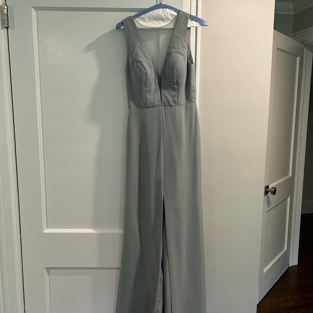 Azazie Gray V-Neck Jumpsuit with Straight-Leg Pants